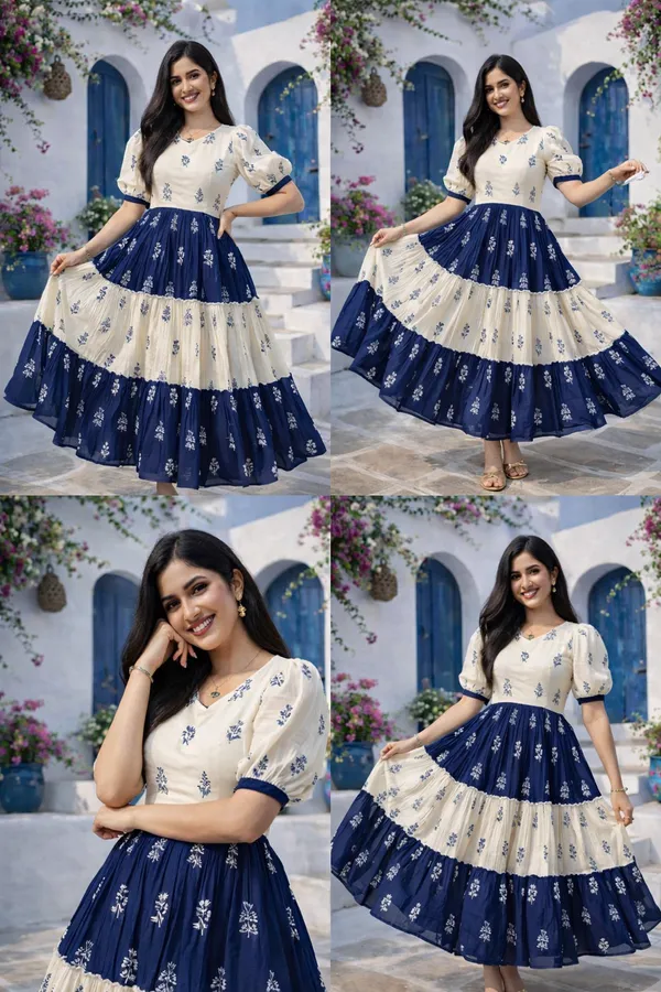 White_and_Cream_And_Navy_Blue__Floral_Printed_Rayon_Trendy_Top_and__Puff_Sleeves_Midi_Dress_For_Women