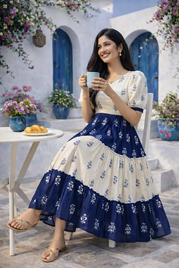White_and_Cream_And_Navy_Blue__Floral_Printed_Rayon_Trendy_Top_and__Puff_Sleeves_Midi_Dress_For_Women