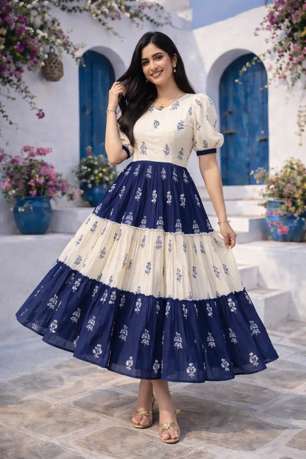White_and_Cream_And_Navy_Blue__Floral_Printed_Rayon_Trendy_Top_and__Puff_Sleeves_Midi_Dress_For_Women
