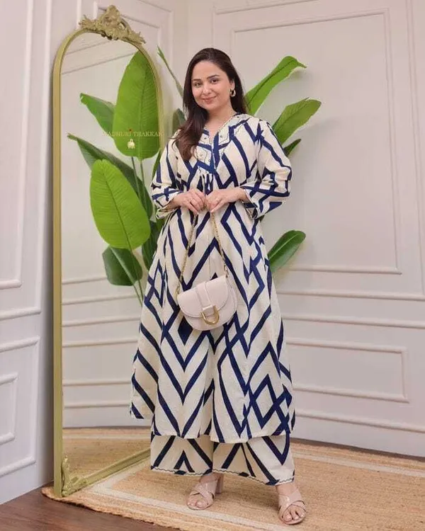 Blue_And_Beige_Viscose_Rayon_Striped_Regular_Kurta_Palazzo_Set_For_Women