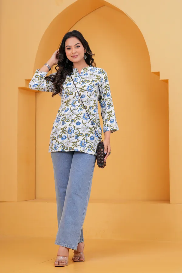 Green_and_White_Floral_Printed_Rayon_With_Puff_Sleeves_Midi_Dress_and_Top_For_Women