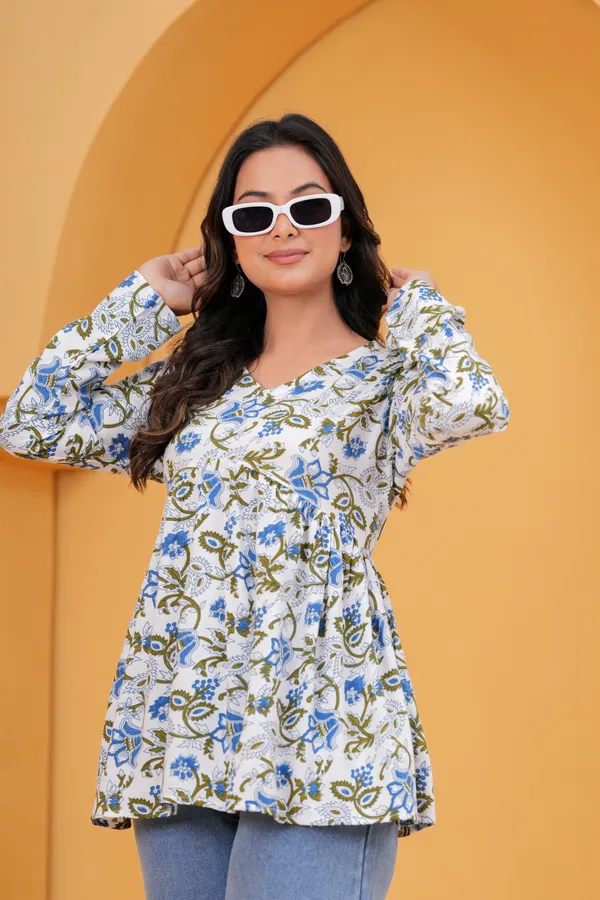 White_and_Cream_And_Navy_Blue__Floral_Printed_Rayon_Trendy_Top_and__Puff_Sleeves_Midi_Dress_For_Women