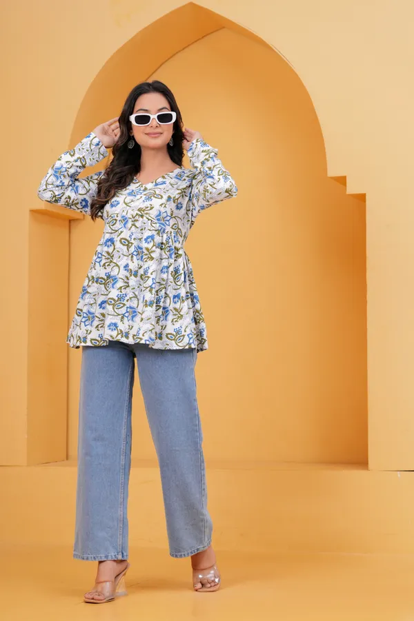 White_and_Cream_And_Navy_Blue__Floral_Printed_Rayon_Trendy_Top_and__Puff_Sleeves_Midi_Dress_For_Women