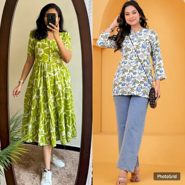 Green_and_White_Floral_Printed_Rayon_With_Puff_Sleeves_Midi_Dress_and_Top_For_Women