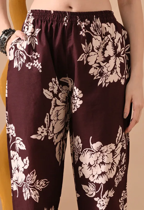 Brown_Pure_Cotton_Floral_Print_Regular_Kurta_Set_For_Women