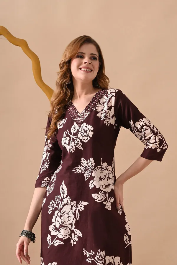 Brown_Pure_Cotton_Floral_Print_Regular_Kurta_Set_For_Women