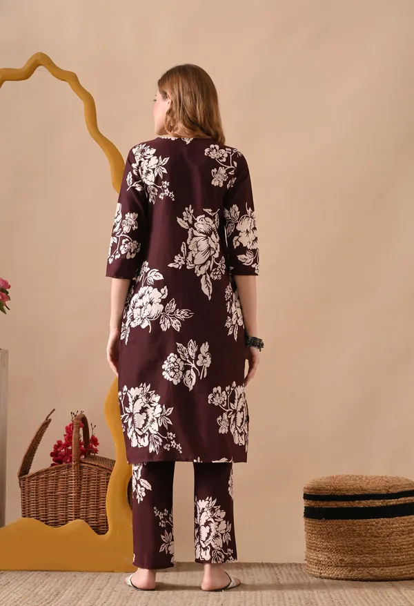 Brown_Pure_Cotton_Floral_Print_Regular_Kurta_Set_For_Women