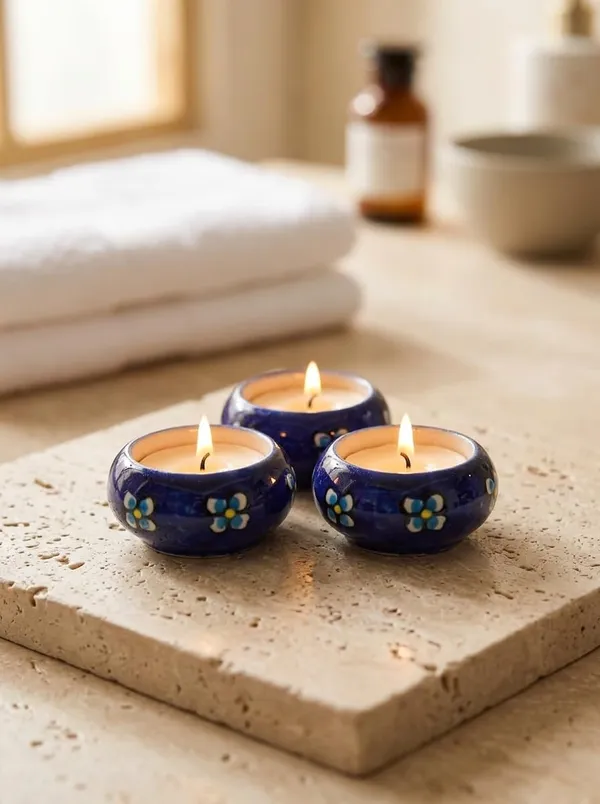 Blue_Pottery_Tealight_Candle_Holder_With_Candles