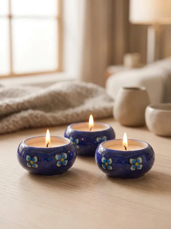 Blue_Pottery_Tealight_Candle_Holder_With_Candles