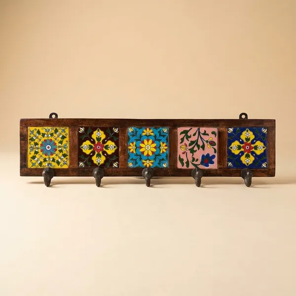 Multicolor_Premium_Khunti_Wooden_And_Blue_Pottery_Wall_Hook_Board_(5_Hooks)