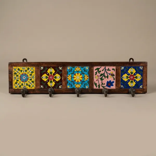 Multicolor_Premium_Khunti_Wooden_And_Blue_Pottery_Wall_Hook_Board_(5_Hooks)
