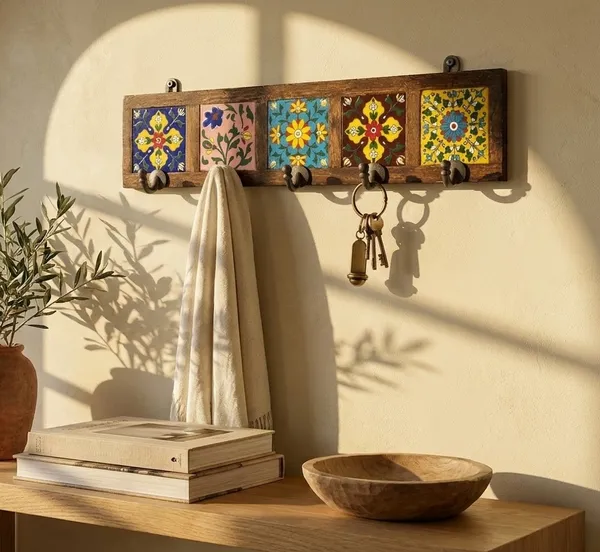 Multicolor_Premium_Khunti_Wooden_And_Blue_Pottery_Wall_Hook_Board_(5_Hooks)