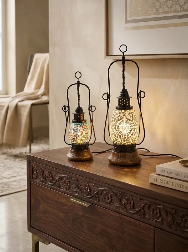 Multicolor_Premium_Shama_Wooden_&_Mosaic_Glass_Lantern_Set_Of_2