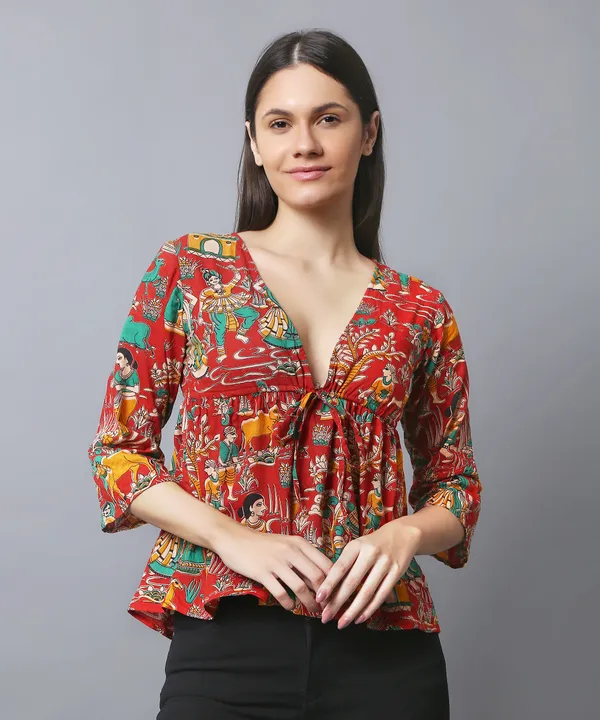 Red_Cotton_Slub_Kalamkari_Printed_Empire_Waist_Tie-Up_Top
