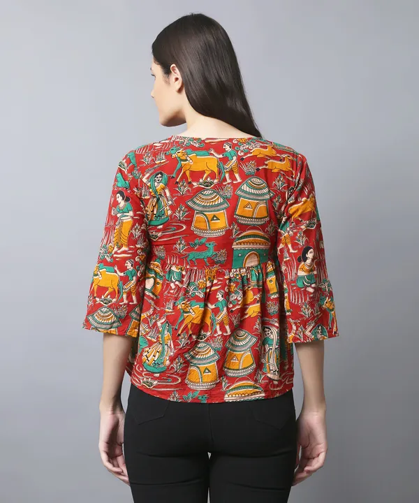 Red_Cotton_Slub_Kalamkari_Printed_Empire_Waist_Tie-Up_Top