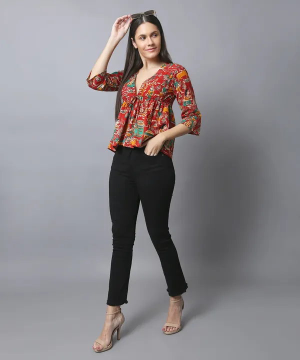 Red_Cotton_Slub_Kalamkari_Printed_Empire_Waist_Tie-Up_Top