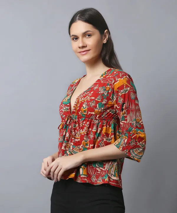 Red_Cotton_Slub_Kalamkari_Printed_Empire_Waist_Tie-Up_Top