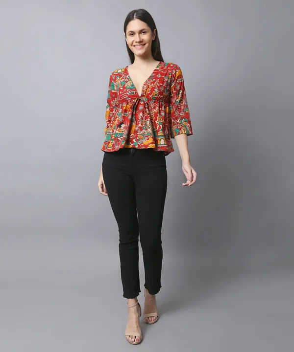 Red_Cotton_Slub_Kalamkari_Printed_Empire_Waist_Tie-Up_Top