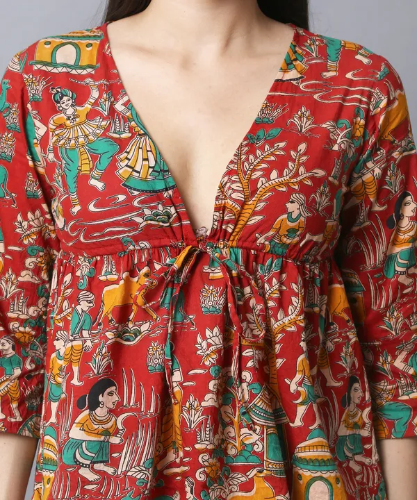 Red_Cotton_Slub_Kalamkari_Printed_Empire_Waist_Tie-Up_Top