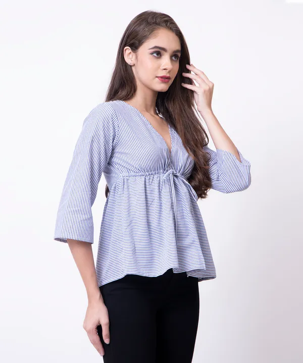 Royal_Blue_And_White_Cotton_White_Striped_Tie_Up_Empire_Waist_Top_For_Women