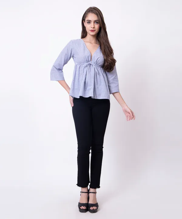 Royal_Blue_And_White_Cotton_White_Striped_Tie_Up_Empire_Waist_Top_For_Women