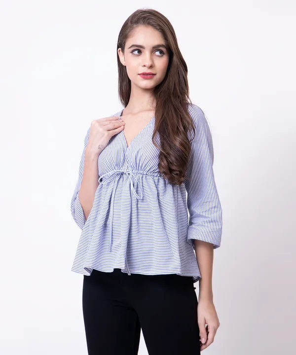 Royal_Blue_And_White_Cotton_White_Striped_Tie_Up_Empire_Waist_Top_For_Women