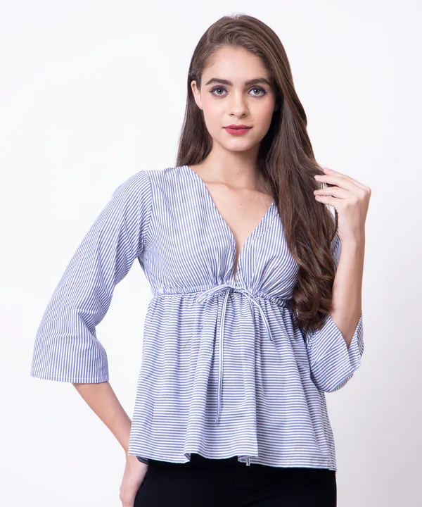 Royal_Blue_And_White_Cotton_White_Striped_Tie_Up_Empire_Waist_Top_For_Women