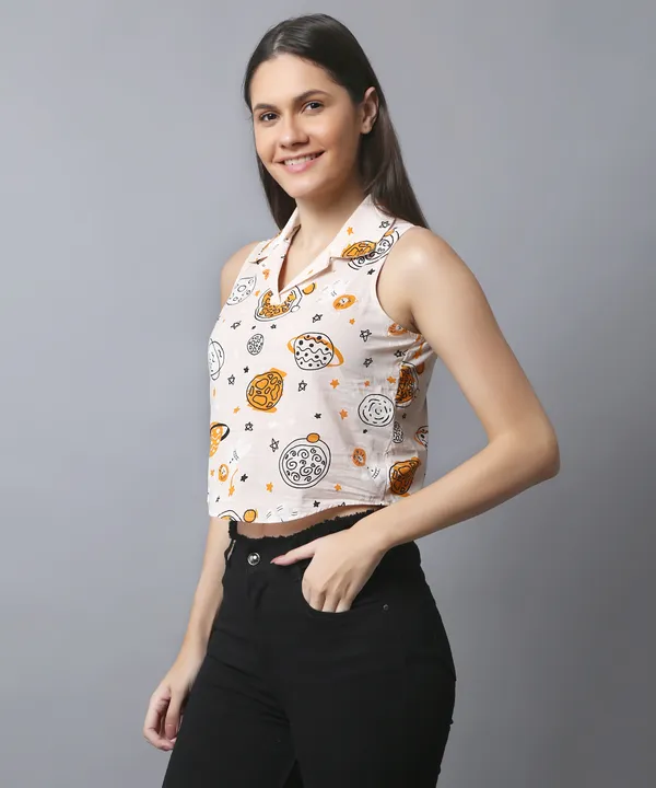 Peach_Cotton_Slub_Space_Printed_Asymmetric_Hem_Shirt_Collar_Top_For_Women