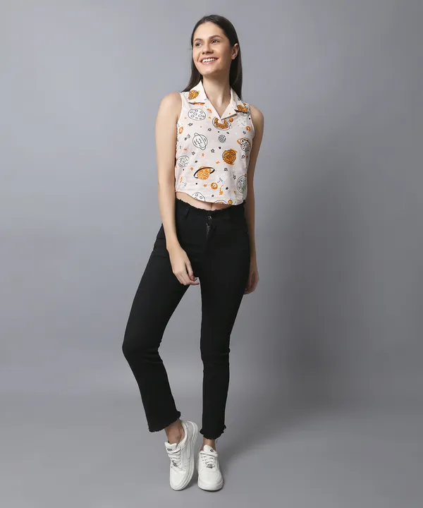 Peach_Cotton_Slub_Space_Printed_Asymmetric_Hem_Shirt_Collar_Top_For_Women