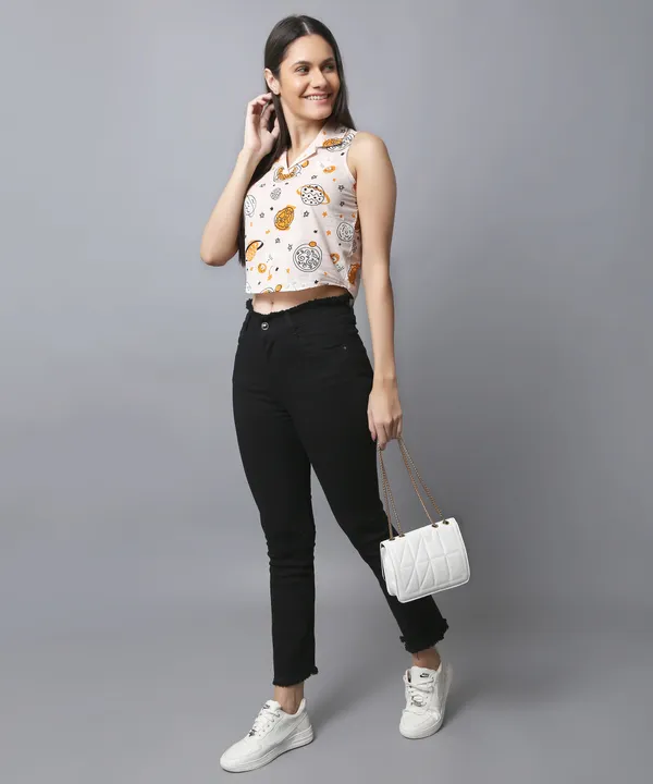 Peach_Cotton_Slub_Space_Printed_Asymmetric_Hem_Shirt_Collar_Top_For_Women