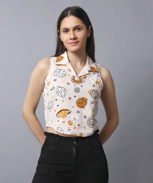Peach_Cotton_Slub_Space_Printed_Asymmetric_Hem_Shirt_Collar_Top_For_Women