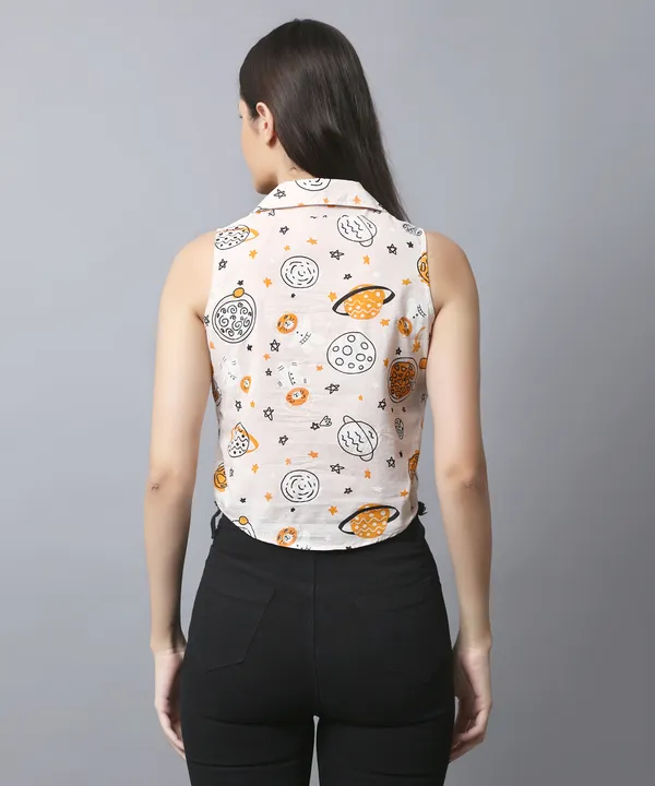 Peach_Cotton_Slub_Space_Printed_Asymmetric_Hem_Shirt_Collar_Top_For_Women