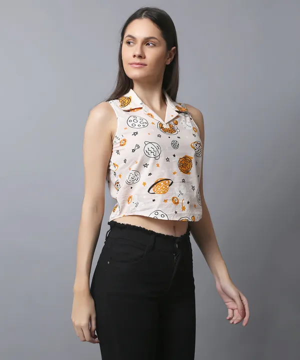 Peach_Cotton_Slub_Space_Printed_Asymmetric_Hem_Shirt_Collar_Top_For_Women