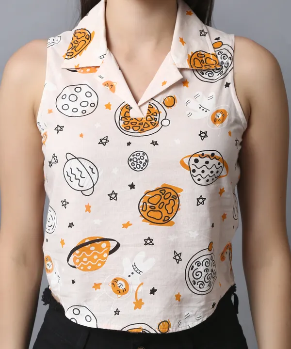Peach_Cotton_Slub_Space_Printed_Asymmetric_Hem_Shirt_Collar_Top_For_Women