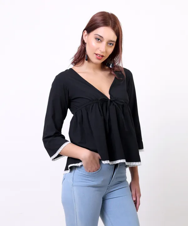 Black_Cotton_With_Lace_Detailing_Tie_Up_Empire_Waist_Top_For_Women