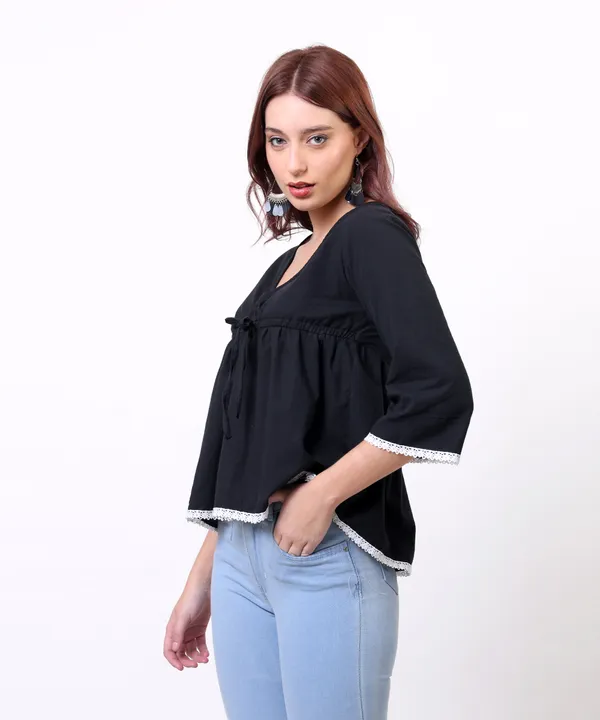 Black_Cotton_With_Lace_Detailing_Tie_Up_Empire_Waist_Top_For_Women