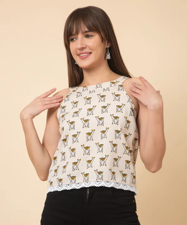 Cream_Cotton_Slub_Deer_Printed_Halter_Neck_Sleeveless_Top_For_Women