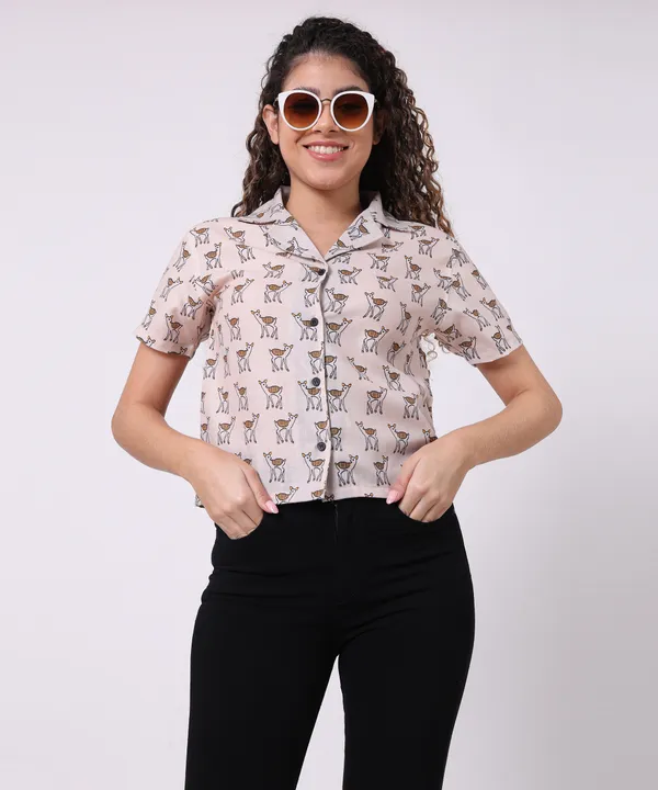 Cream_Cotton_Slub_Deer_Printed_Regular_Fit_Casual_Shirt_For_Women