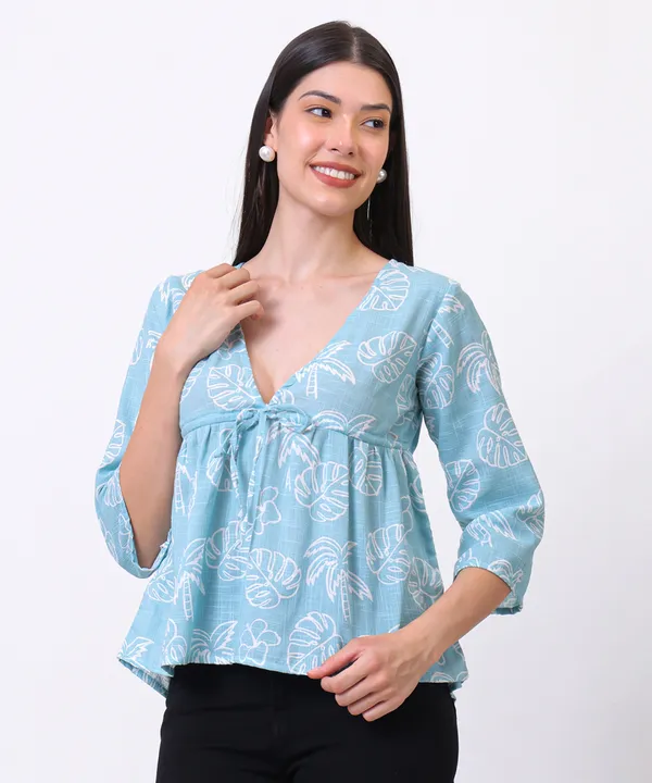 Turquoise_Cotton_Slub_Leaf_Printed_Tie_Up_Empire_Waist_Top_For_Women