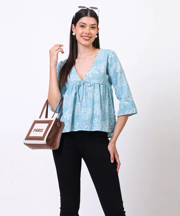 Turquoise_Cotton_Slub_Leaf_Printed_Tie_Up_Empire_Waist_Top_For_Women