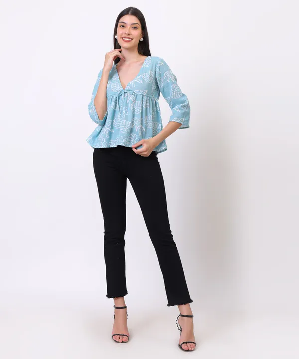 Turquoise_Cotton_Slub_Leaf_Printed_Tie_Up_Empire_Waist_Top_For_Women