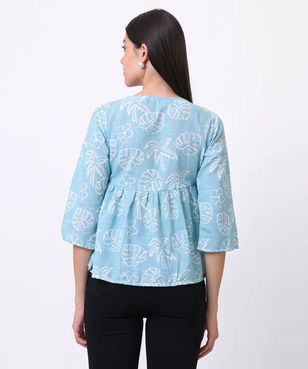 Turquoise_Cotton_Slub_Leaf_Printed_Tie_Up_Empire_Waist_Top_For_Women