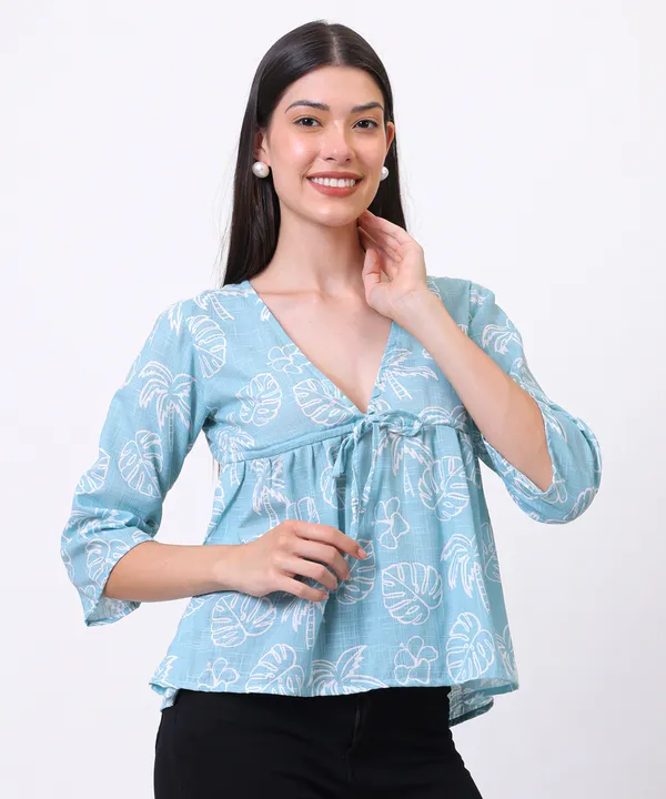 Turquoise_Cotton_Slub_Leaf_Printed_Tie_Up_Empire_Waist_Top_For_Women