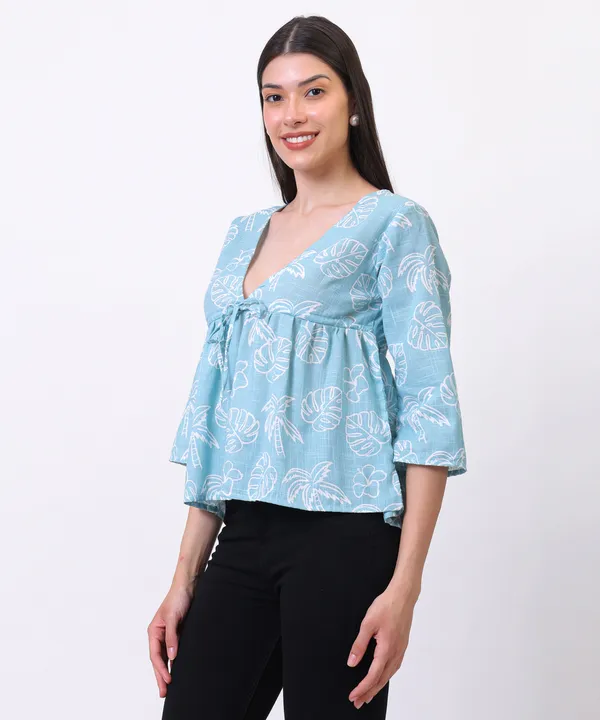 Turquoise_Cotton_Slub_Leaf_Printed_Tie_Up_Empire_Waist_Top_For_Women
