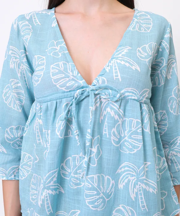 Turquoise_Cotton_Slub_Leaf_Printed_Tie_Up_Empire_Waist_Top_For_Women