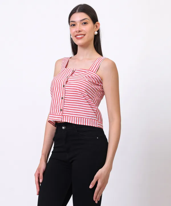 Red_And_White_Cotton_Square_Neck_Striped_Button_Down_Top_For_Women
