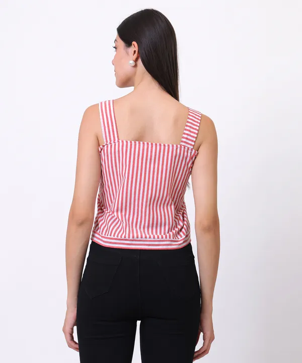 Red_And_White_Cotton_Square_Neck_Striped_Button_Down_Top_For_Women