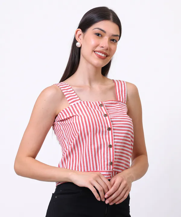 Red_And_White_Cotton_Square_Neck_Striped_Button_Down_Top_For_Women