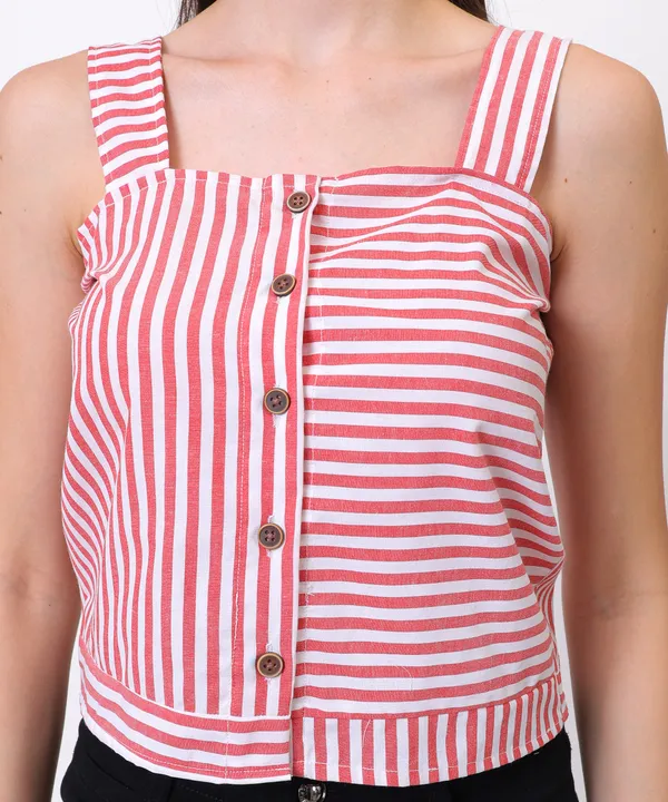 Red_And_White_Cotton_Square_Neck_Striped_Button_Down_Top_For_Women