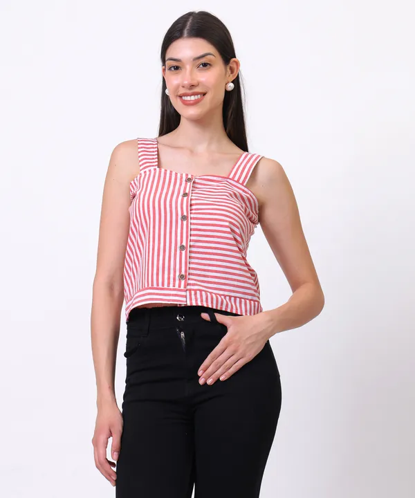 Red_And_White_Cotton_Square_Neck_Striped_Button_Down_Top_For_Women